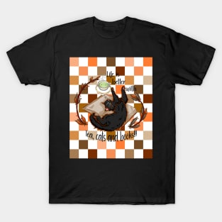 Life is better with tea, cats and books - Black cat checkers T-Shirt